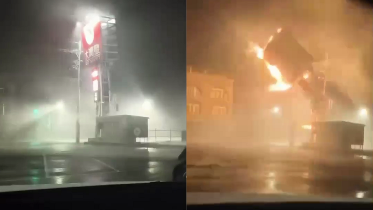 丹娜絲颱風帶來的16級強風將大潤發招牌吹塌，過程中伴隨爆炸及火光。 圖：翻攝記者爆料網