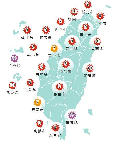 氣象署發布各地紫外線指數預報概況。  圖：氣象署提供