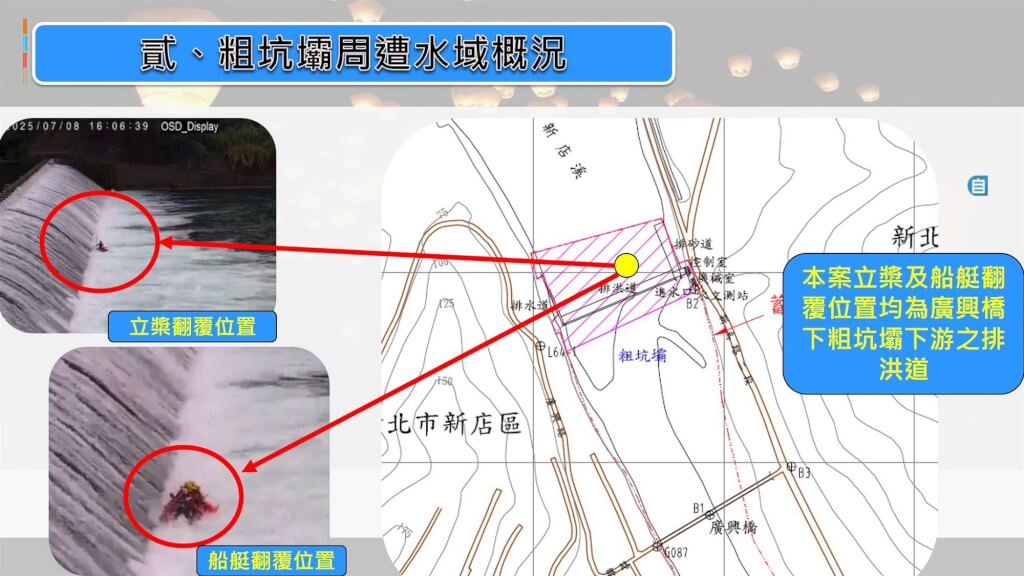 新北市新店區廣興橋下粗坑壩水域8日發生溺水案，消防人員搜救意外翻船，造成2人殉職、1人仍昏迷搶救。消防局9日上午市政報告中，圖解說明搶救過程。（翻攝畫面）中央社記者黃旭昇新北傳真 114年7月9日