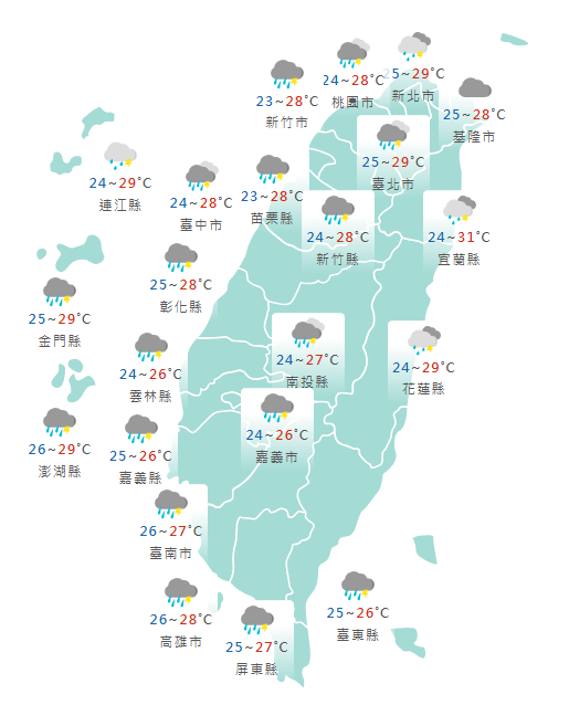 氣象署公布各地天氣預報概況。 圖：氣象署提供