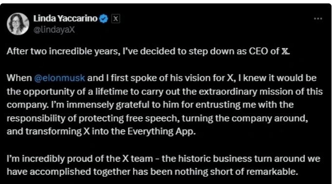 社交媒體平台 X 首席 CEO 琳達・雅卡里諾（Linda Yaccarino）宣佈，她將辭任 X 首席 CEO。 圖 : 翻攝自X