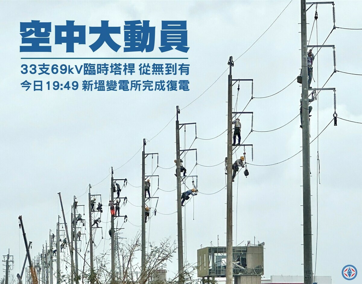 台電分享「空中動員」搶修畫面，說明新塭變電所電塔倒塌現場在短短一天內，就立起33支臨時桿塔。 圖：翻攝自台電電力粉絲團