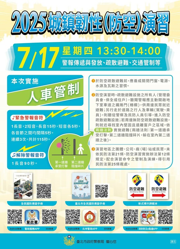 2025城鎮韌性（防空）演習將於今（114）年7月17日13時30分至14時在台北首次實施，13時30分將發放緊急警報，接續實施30分鐘警報發放、疏散避難、交通及其他必要管制。 圖：台北市警察局提供