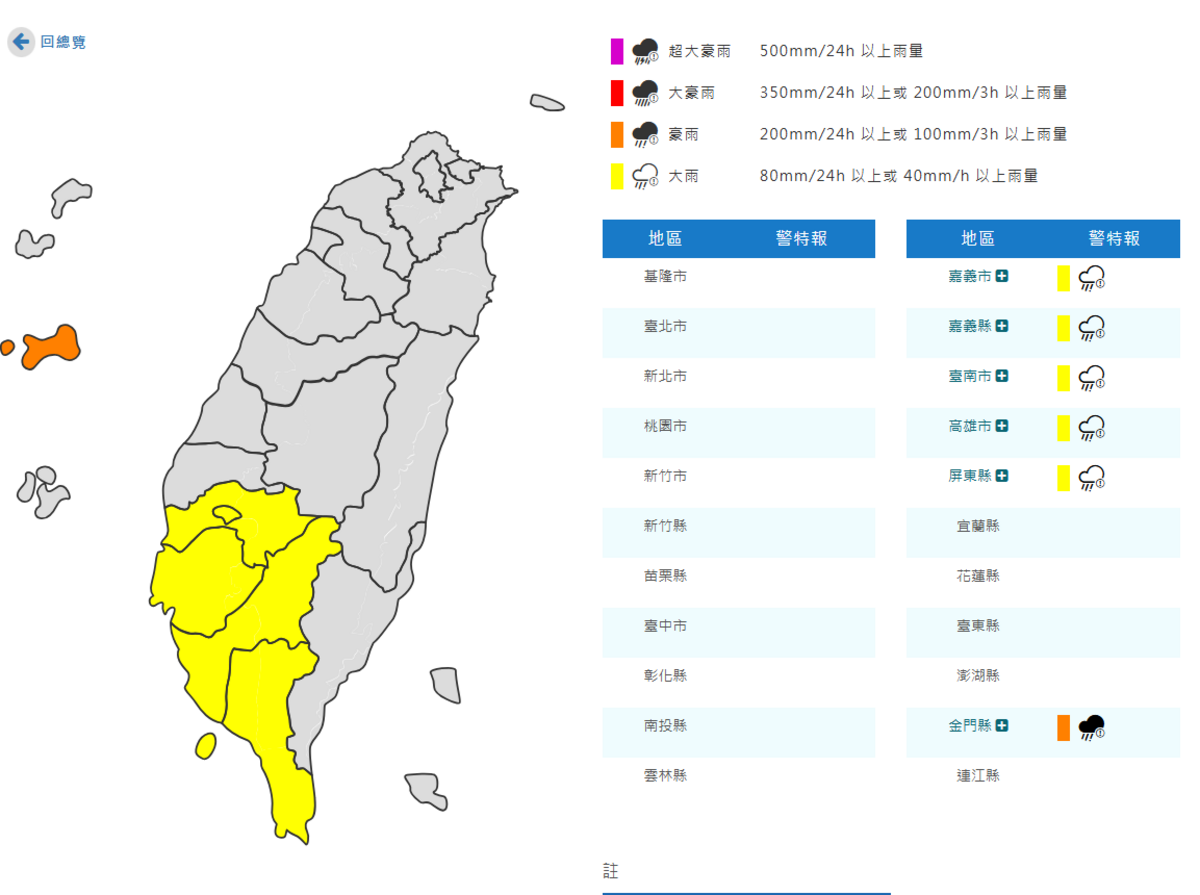 氣象署對6縣市發布豪大雨特報。 圖：取自氣象署