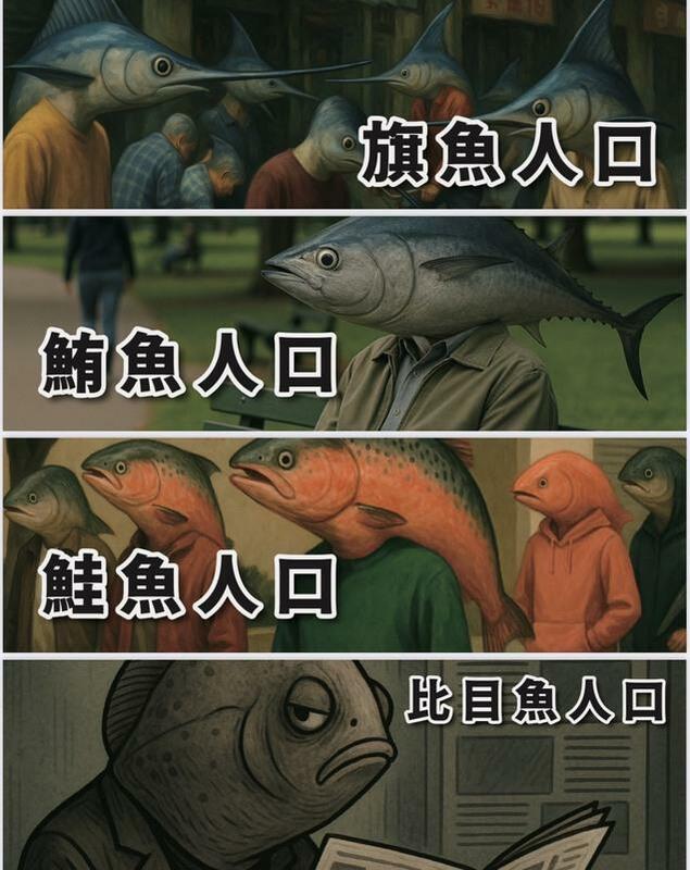 行政院國情介紹將 96.2%漢人歸類為「其餘」人口的奇妙分類，團隊進一步發展出「旗魚」、「鮪魚」、「比目魚」等同系列手牌，搭配暗黑插畫風格，群眾笑稱「是台灣最有創意的政治美術設計」。 圖：黃健豪服務處／提供