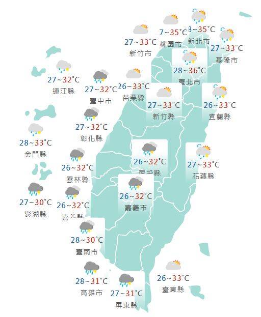 氣象署公布各地天氣預報概況。 圖：氣象署提供。