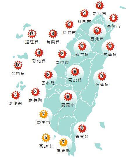 氣象署發布各地紫外線指數預報概況。 圖：氣象署提供