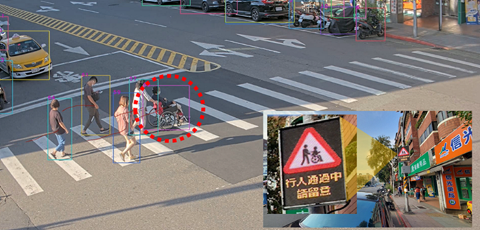 資策會開發的「i-RSU智慧路側單元」，運用AI影像辨識技術，能即時偵測輪椅用路人穿越路口的動態，並透過電子看板警示鄰近駕駛人。 圖：資策會提供