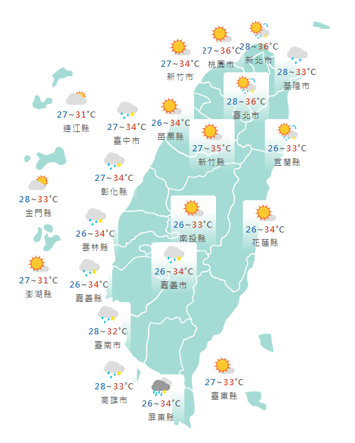 氣象署公布各地天氣預報概況。 圖：氣象署提供