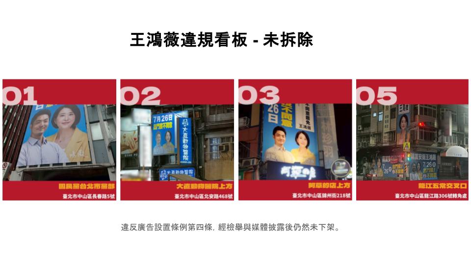 罷團「山除薇害」舉出7月1日檢舉王鴻薇看板，至今仍沒有下文。 圖：「山除薇害」／提供