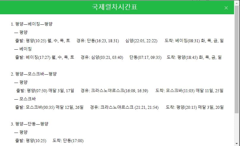 「北韓觀光」新增了平壤直通北京、丹東的列車時刻表。 圖：翻攝自 北韓觀光 官方網站