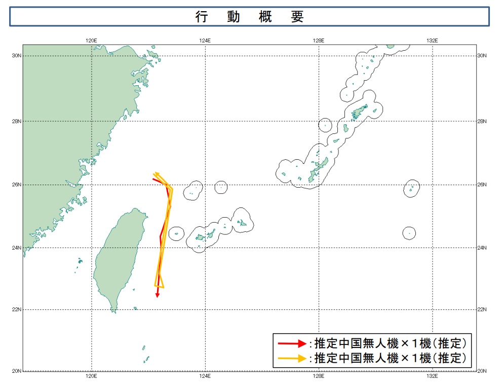 日本統合幕僚監部則通報，16日兩架中共無人機自東海飛來，經由與那國島與臺灣間的空域進入太平洋，其中一架於太平洋反轉後再次通過該區域；另一架航向與15日由南往北繞行臺灣的無人機不同，改為由北往南。 圖：翻攝mod.go.jp