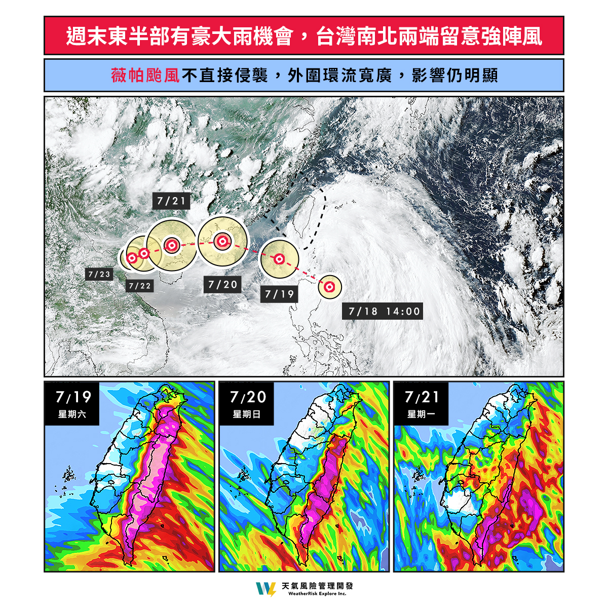 薇帕週末影響最劇，東部防豪雨、沿海防強風；下週轉低壓槽，天氣持續不穩。 圖：翻攝自天氣風險　臉書專頁