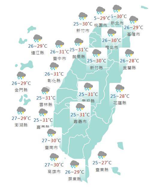氣象署公布各地天氣預報概況。 圖：中央氣象署提供