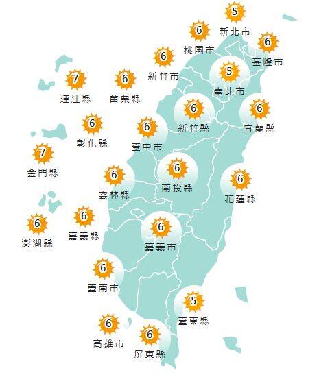 氣象署發布各地紫外線指數預報概況。 圖：中央氣象署提供