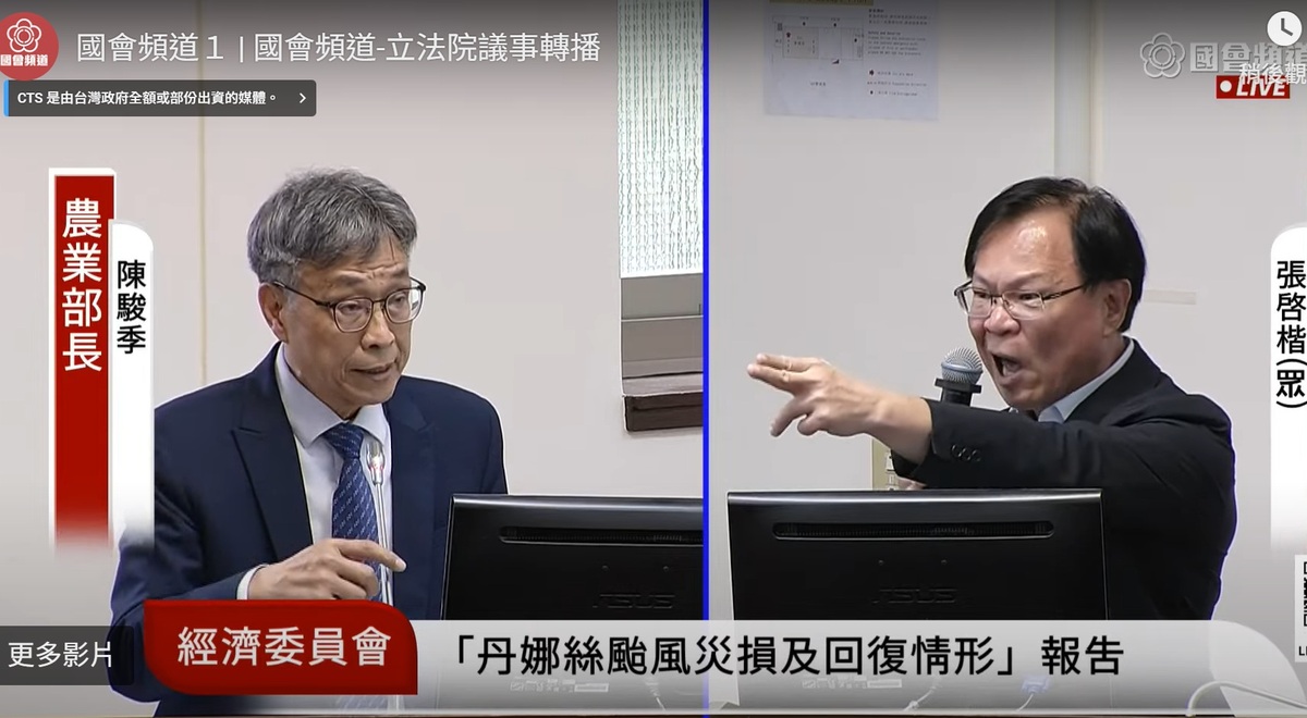 民眾黨立委張啟楷質詢農業部長陳駿季期間，一度情緒激動。 圖：擷取自國會頻道