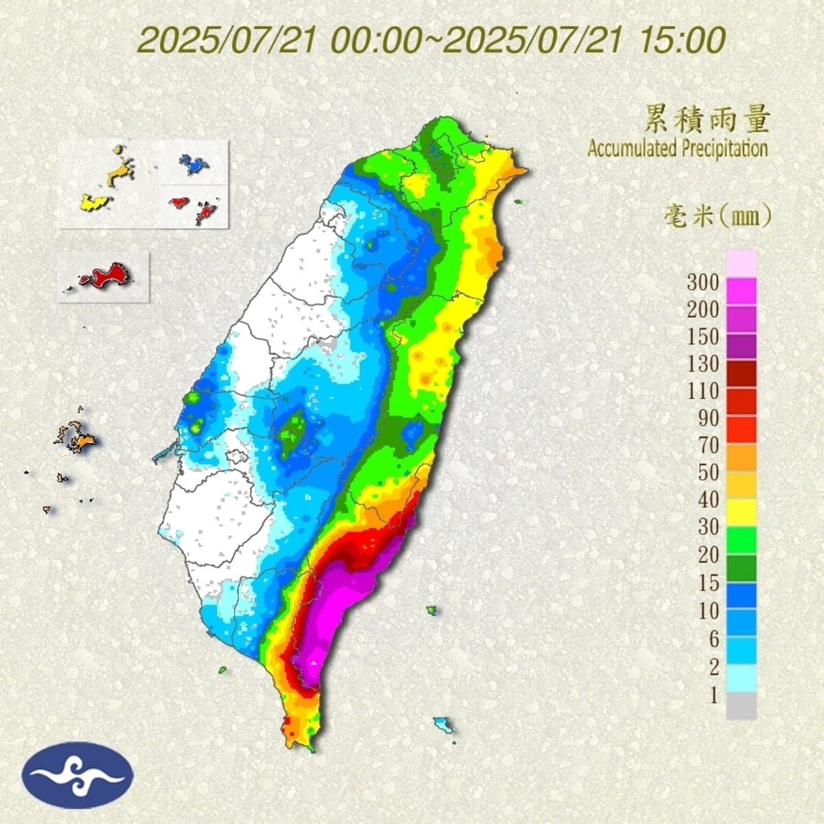 今日的日累積雨量圖中，只有台東那一塊是紫爆的狀態，全台灣有28個地區日降雨量破200毫米，全部都在台東。