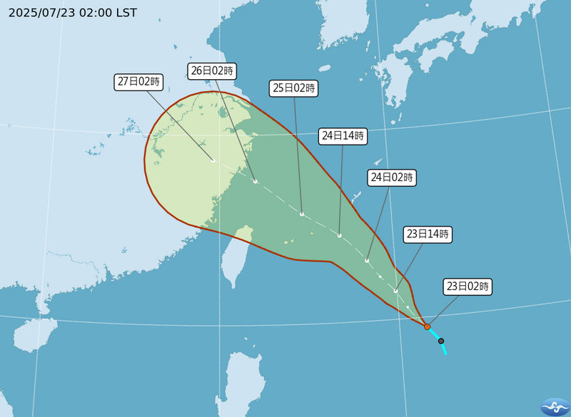 中央氣象署表示，熱帶性低氣壓今天凌晨位於鵝鑾鼻東南東方海面，未來有發展為輕度颱風的趨勢。 圖：氣象署提供