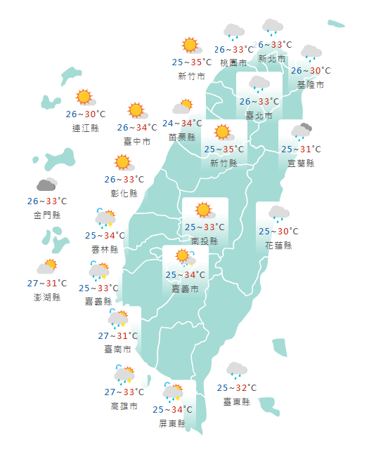 氣象署公布各地天氣預報概況。 圖：氣象署提供