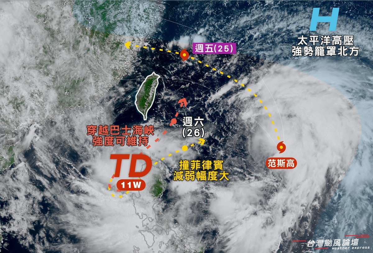 目前台灣周圍有3熱帶系統，除了今(23)晨生成的「范斯高」颱風，緊追在後的98W，昨(22)天生成的熱帶擾動99W超前進度，並在上午成為熱帶低壓TD11W，還可能在本週生成輕颱「竹節草」。 圖：取自「台灣颱風論壇｜天氣特急」