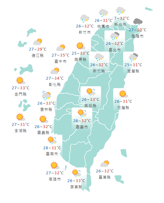 氣象署公布各地天氣預報概況。 圖：氣象署提供