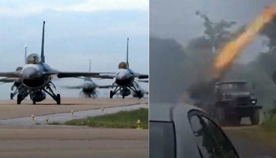 柬埔寨對泰國發射高爆火箭彈，泰國隨即出動6架F-16戰機還擊。 圖 : 翻攝自騰訊網
