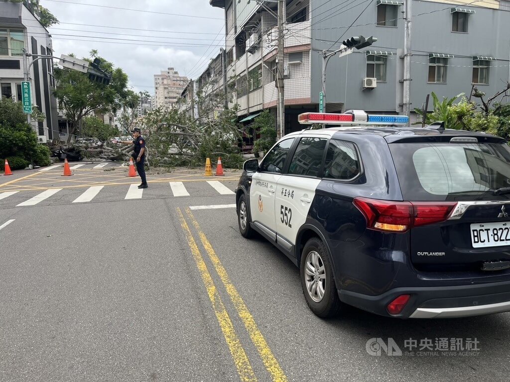 台中市北屯區崇德三路與熱河路3段路口，25日發生2層樓高路樹倒塌影響通行事件，警方獲報立即到場擺設交通錐警示，並在場協助交通疏導。（翻攝照片）中央社記者蘇木春傳真　114年7月25日