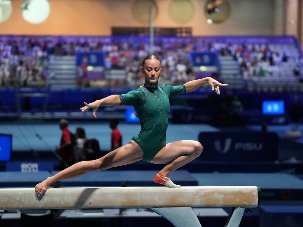 台灣、瑞典混血的體操女孩陳瑞安，27日在德國世大運女子競技體操的平衡木決賽，以13.266的高分摘下銀牌，連2天有獎牌進帳。 圖/大專體總提供