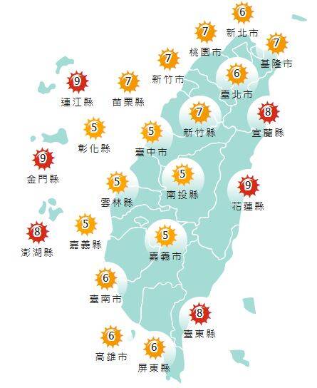 氣象署發布各地紫外線指數預報概況。 圖：氣象署提供