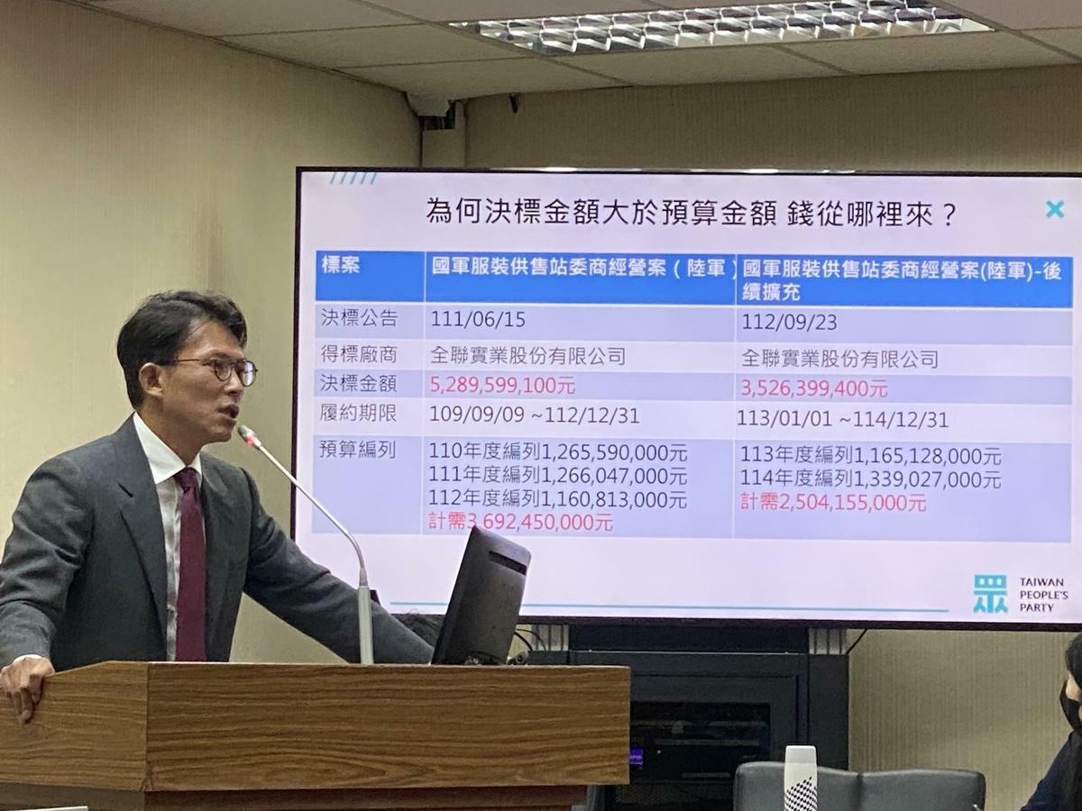 民眾黨立委黃國昌質疑全聯的軍服採購決標金額為何比預算書還高 圖：林朝億/攝