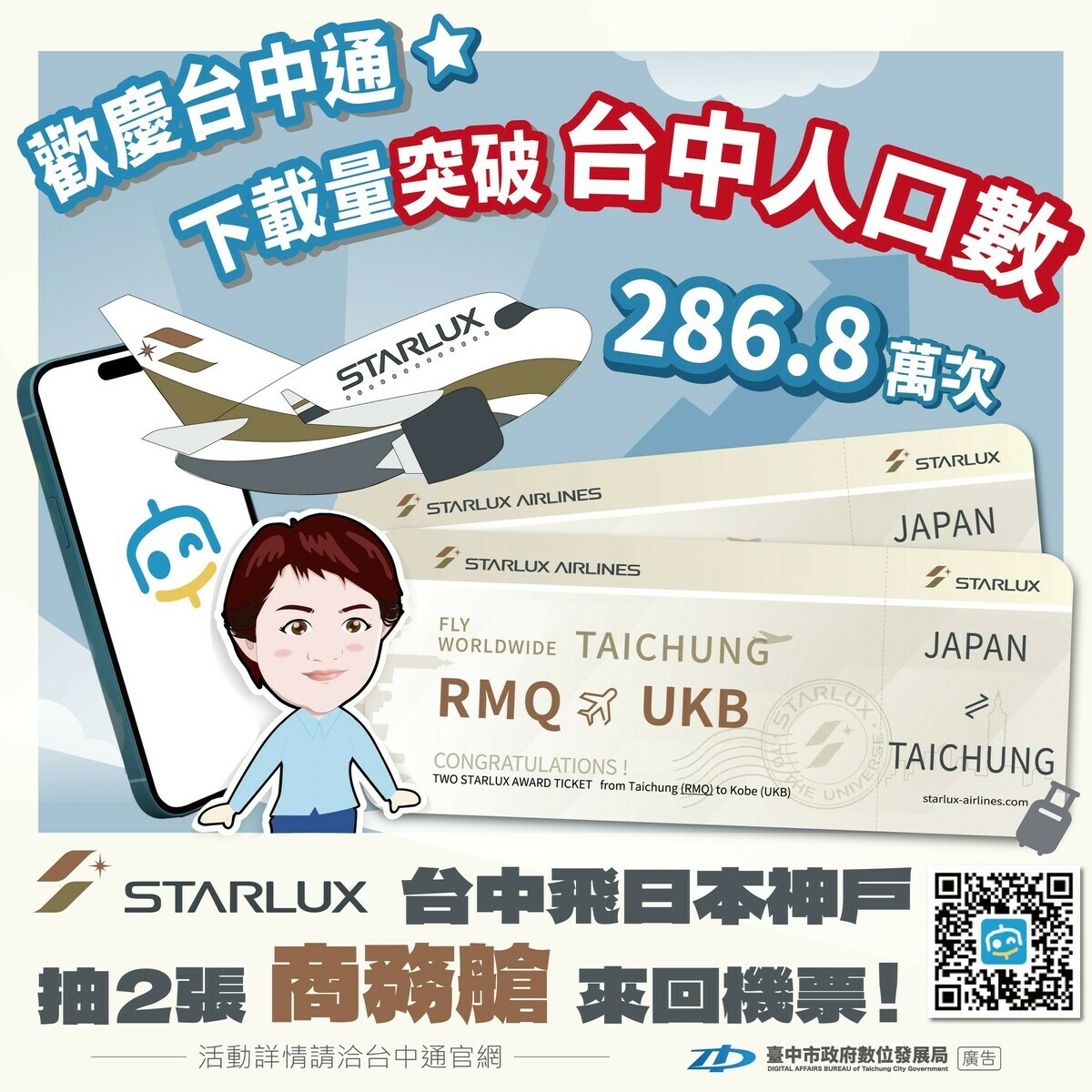 台中市政府推出數位市民平台《台中通TCPASS》，截至今（28）日APP目前下載次數超越286.8萬次，正式突破台中市人口總數。 圖：台中市政府/提供