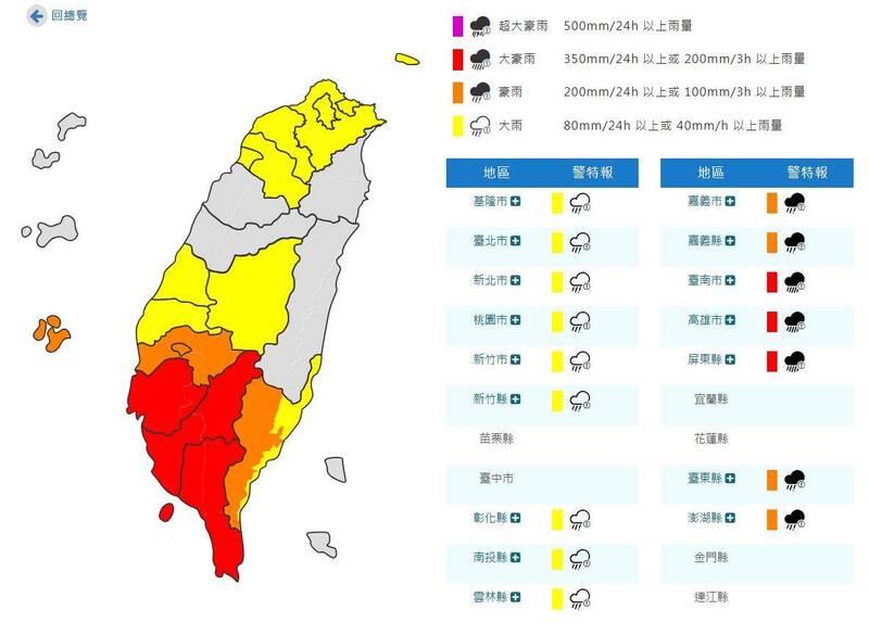 氣象署針對全台16縣市發布豪大雨特報。 圖：氣象署提供
