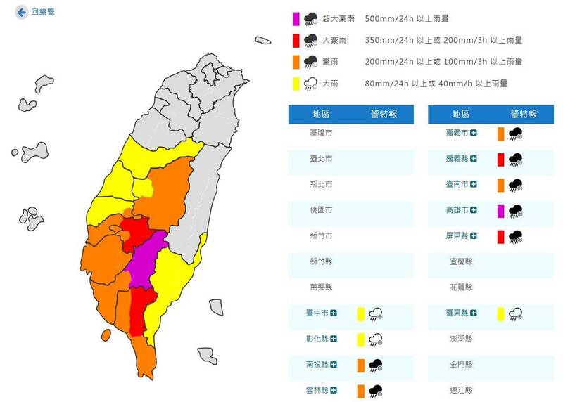 水氣多雨彈猛灌10縣市! 高雄下到一片紫爆山區須嚴防「超大豪雨」