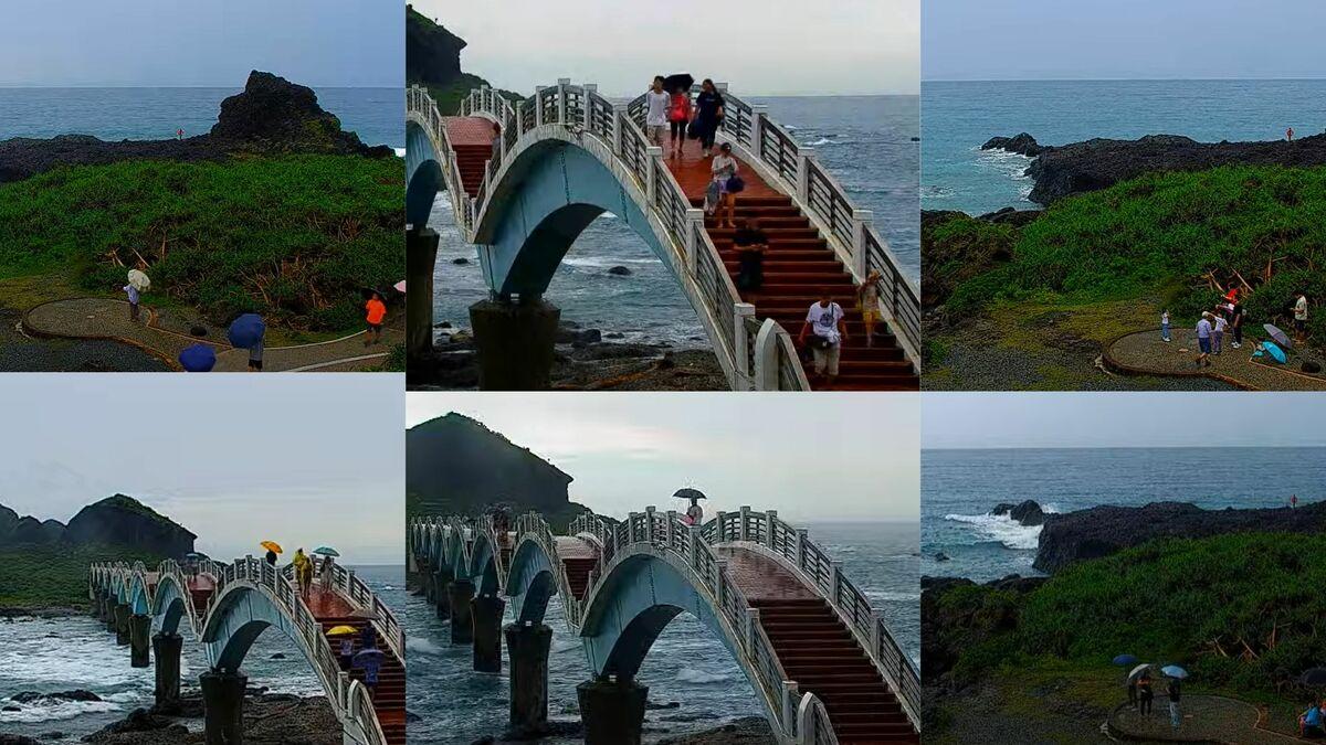 海嘯警報發布後，三仙台仍有人觀浪，甚至有人喊要帶衝浪板，引發網友怒批不顧安危浪費救援資源。 圖：翻攝自【Live Cam】東海岸即時影像 - 三仙台／新頭殼　合成