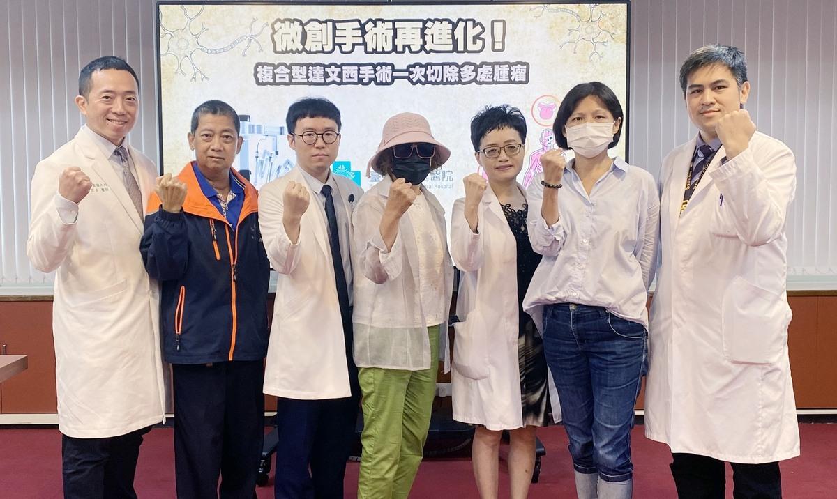 台中榮總團隊運用達文西手術成功治療3名癌症病友。（左起：林俊余醫師、卓先生、林志安醫師、吳小姐、周佳滿主任、孫小姐、江世偉醫師） 圖：台中榮總提供
