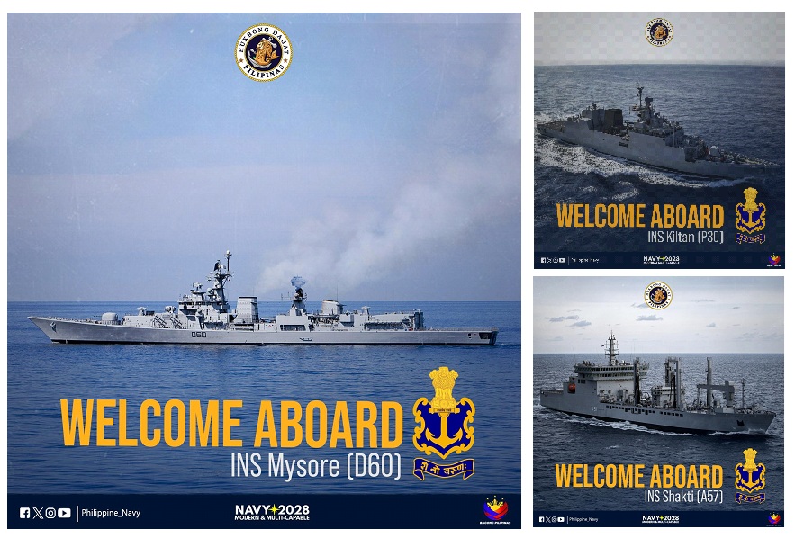 印度與菲律賓海軍將「首次」在南海展開首次聯合巡航，印度3艦分別為米梳爾號驅逐艦（D60，左）、基爾丹號護衛艦（P30，右上）、沙克蒂號補給艦（A57，右下）。 圖：翻攝「X」@Philippine_Navy