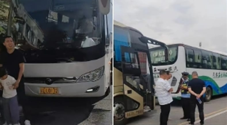 昆明安寧市讀書鋪服務區 7 月 30 日下午發生遊客滯留事件，旅遊公司因未收到大巴士車資而將 129 名旅客放鴿子。 圖 : 翻攝自環球網