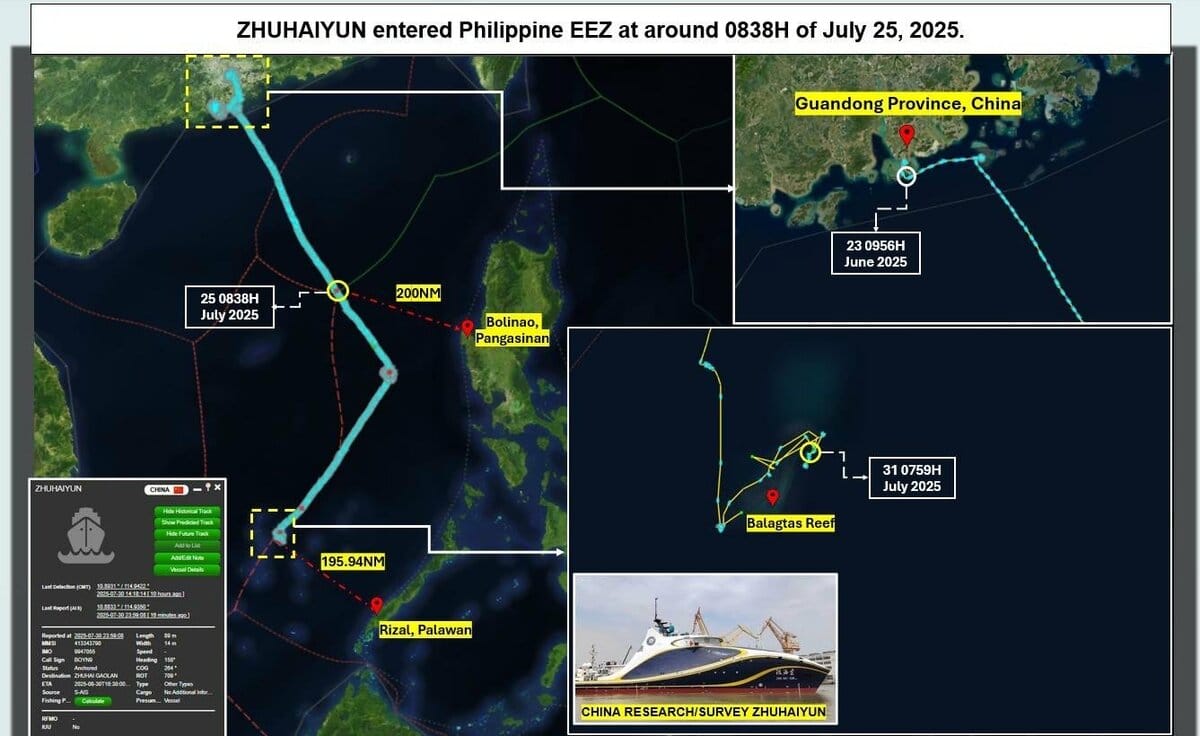 中國智能無人機航空平台「珠海雲」科研船遭控未經許可闖進菲律賓專屬經濟海域。 圖：翻攝「X」@jaytaryela