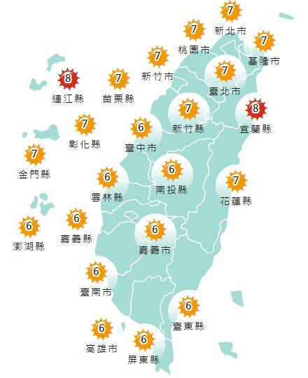 氣象署發布各地紫外線指數預報概況。 圖：氣象署提供