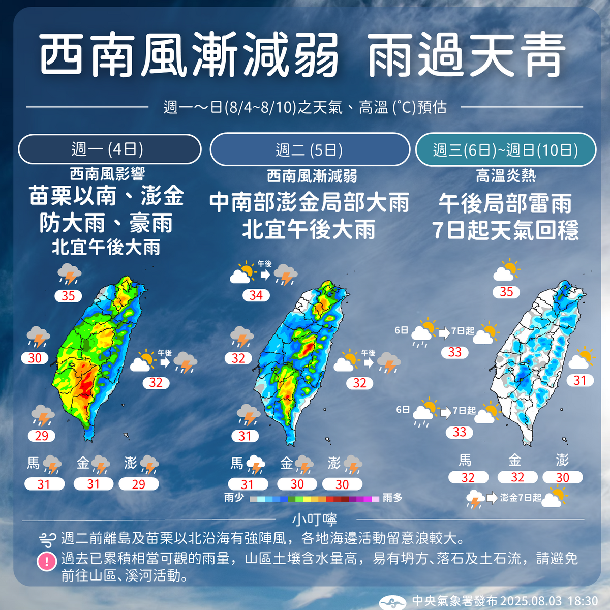 一週天氣一圖看。 圖：取自中央氣象署