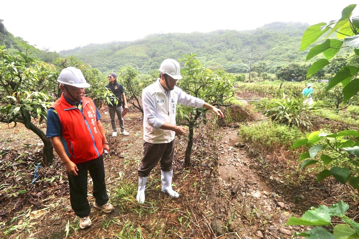 蘇清泉(右)在屏東來義鄉勘察農業受損情形。 圖：蘇清泉辦公室/提供