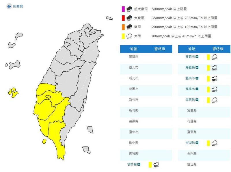 氣象署發布大雨特報。 圖：氣象署提供