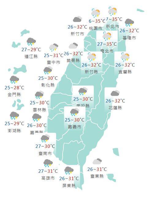氣象署公布各地天氣預報概況。 圖：氣象署提供