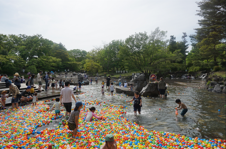 漂滿彩球的戲水池是博物館夏季最受歡迎的親子景點。 圖：©府中市郷土の森博物館／提供