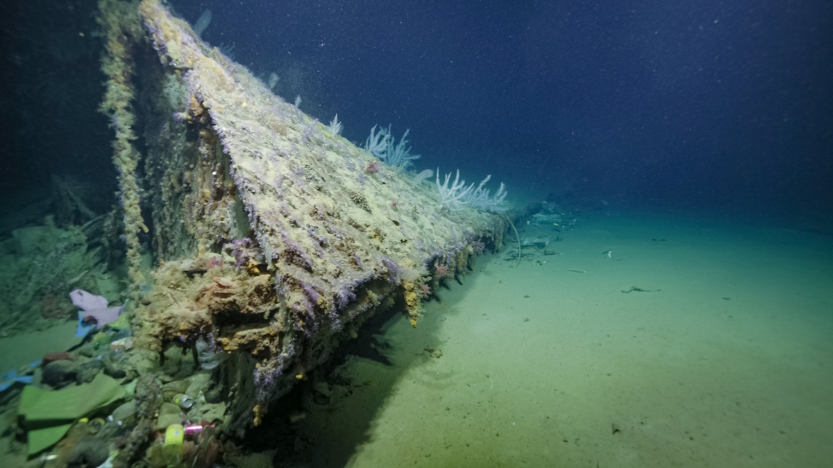 二戰期間美國海軍「紐奧良號」遭日軍魚雷攻擊，炸斷的船首部位。 圖：翻攝「X」@EVNautilus