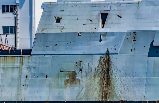 美國海軍「朱姆沃爾特」級驅逐艦「邁克爾·蒙索爾」號近日停靠日本橫須賀港，被拍到鏽跡斑斑。 圖 : 翻攝自環球網