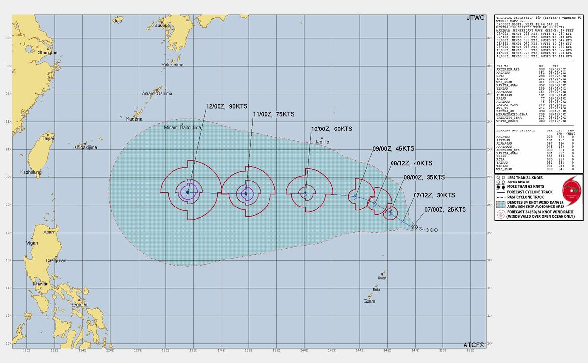 位於西太平洋海面的熱帶擾動98W已正式升格為熱帶低壓16W，朝台灣方向逼近。 圖：翻攝自台灣颱風論壇｜天氣特急臉書