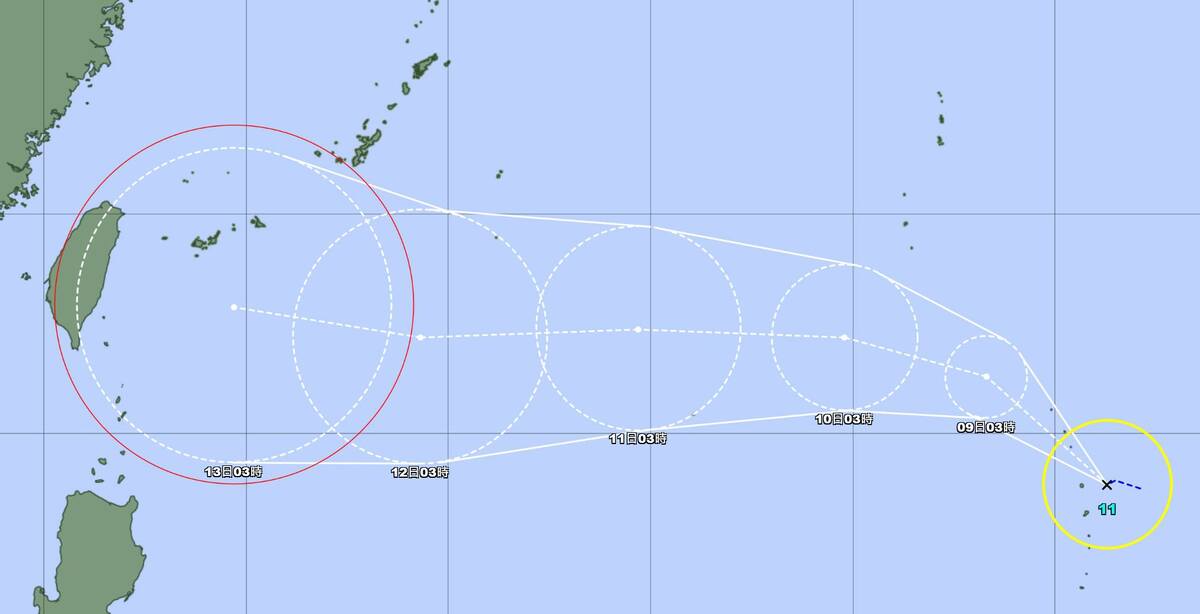 日本氣象廳預測，楊柳颱風將由西往東，直直朝台灣方向前進，在下週三(12日)接近台灣。 圖：翻攝自台灣颱風論壇｜天氣特急臉書