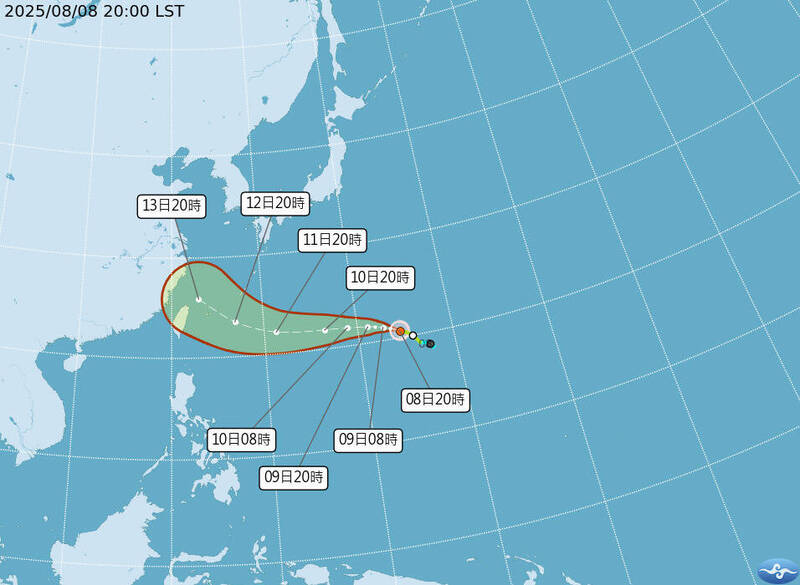氣象署8日晚間8點公布颱風最新動態，楊柳颱風可能從台灣北部海域通過。 圖：氣象署提供