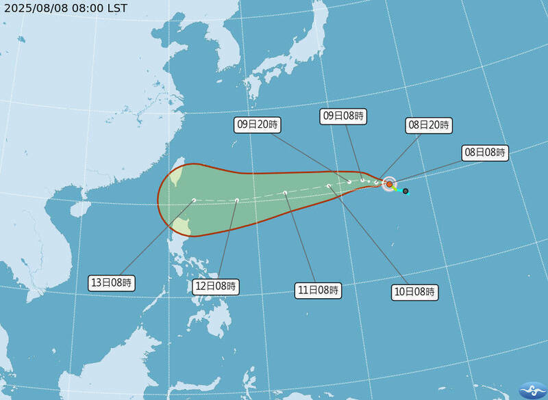 8日上午8點，氣象署預測楊柳颱風未來路徑，仍是通過巴士海峽。 圖：氣象署提供